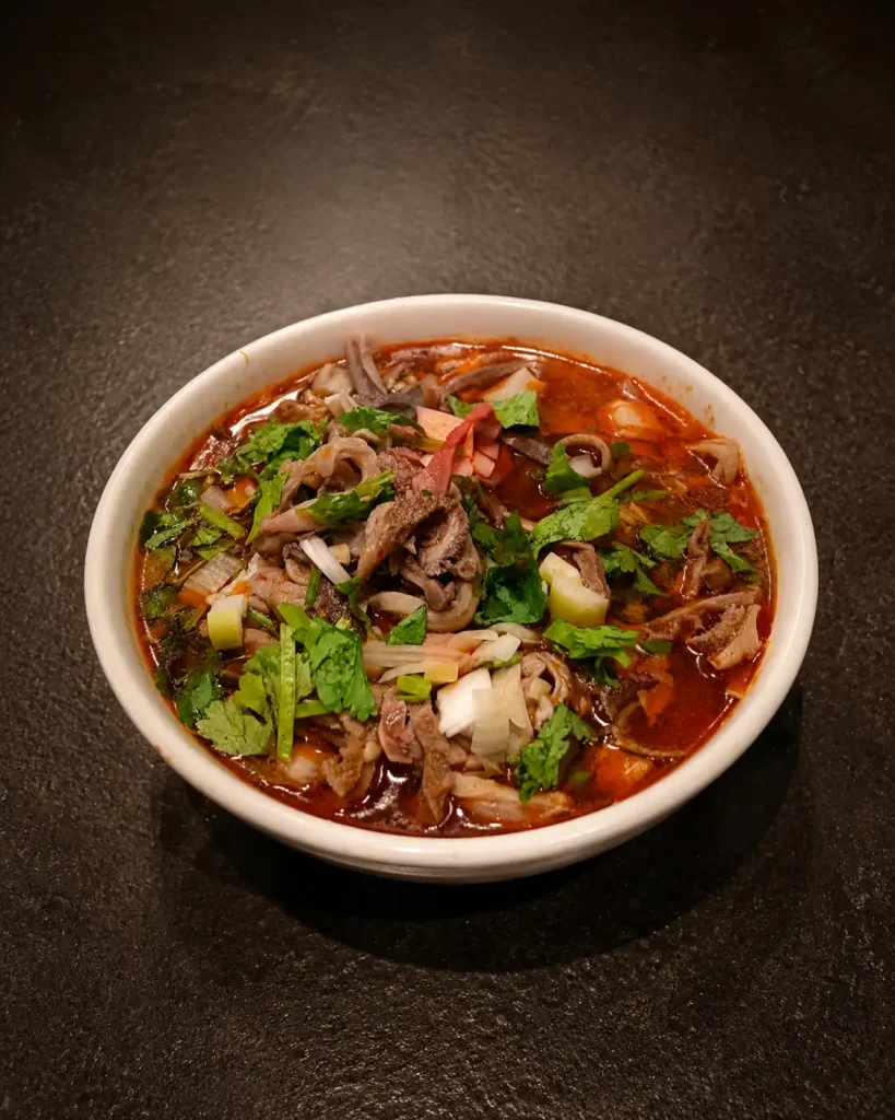 A bowl of traditional Hohhot lamb offal soup with chili oil and cilantro